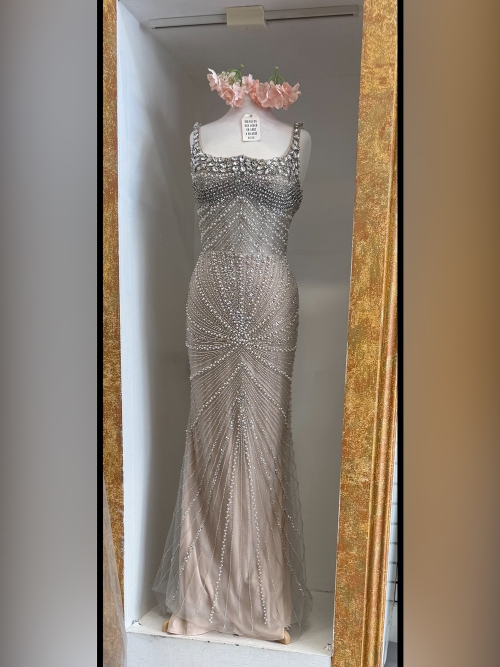 Beaded Sheer Illusion Evening Gown - Blush